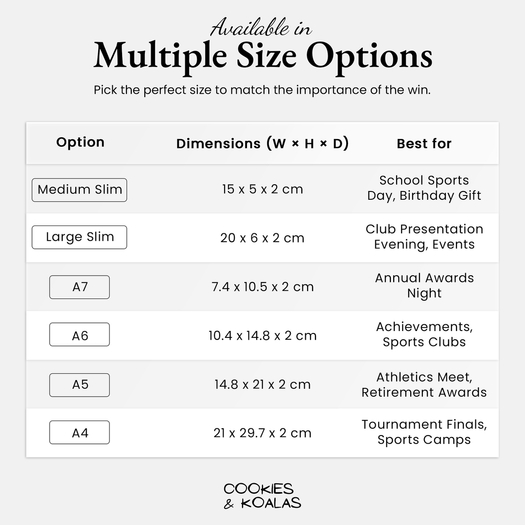Badminton trophy size guide showing all six sizes from A7 to A4 plus slim uprights, with cm dimensions
