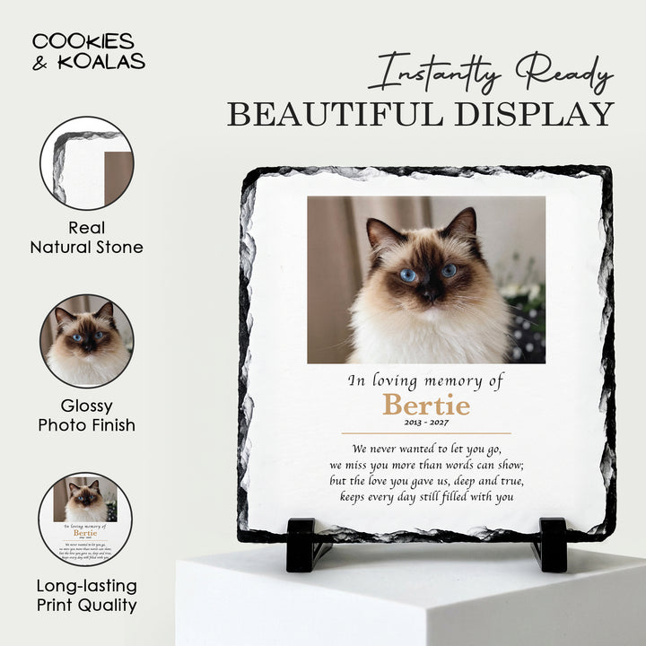 In Loving Memory pet memorial stone on a white stand, showing the real stone edge, glossy finish and long-lasting print