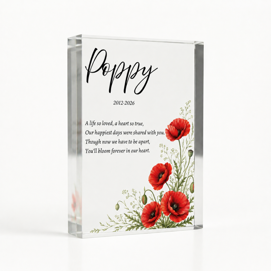 A7 poppy memorial block with red watercolour poppies, name Poppy, dates and a verse