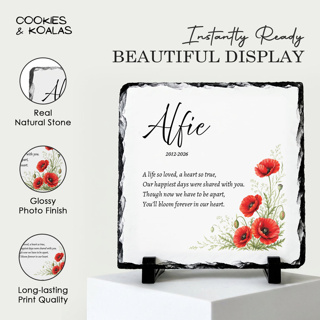 Poppy remembrance plaque on a white stand, showing the real stone edge, glossy finish and long-lasting print