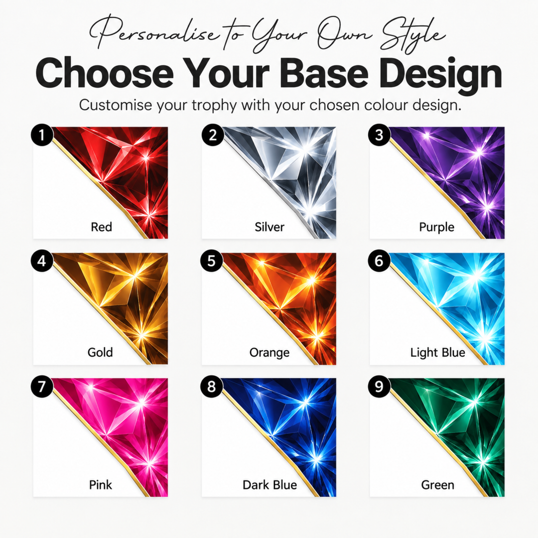 Nine colours for the Prism achievement award: red, silver, purple, gold, orange, light blue, pink, dark blue, green