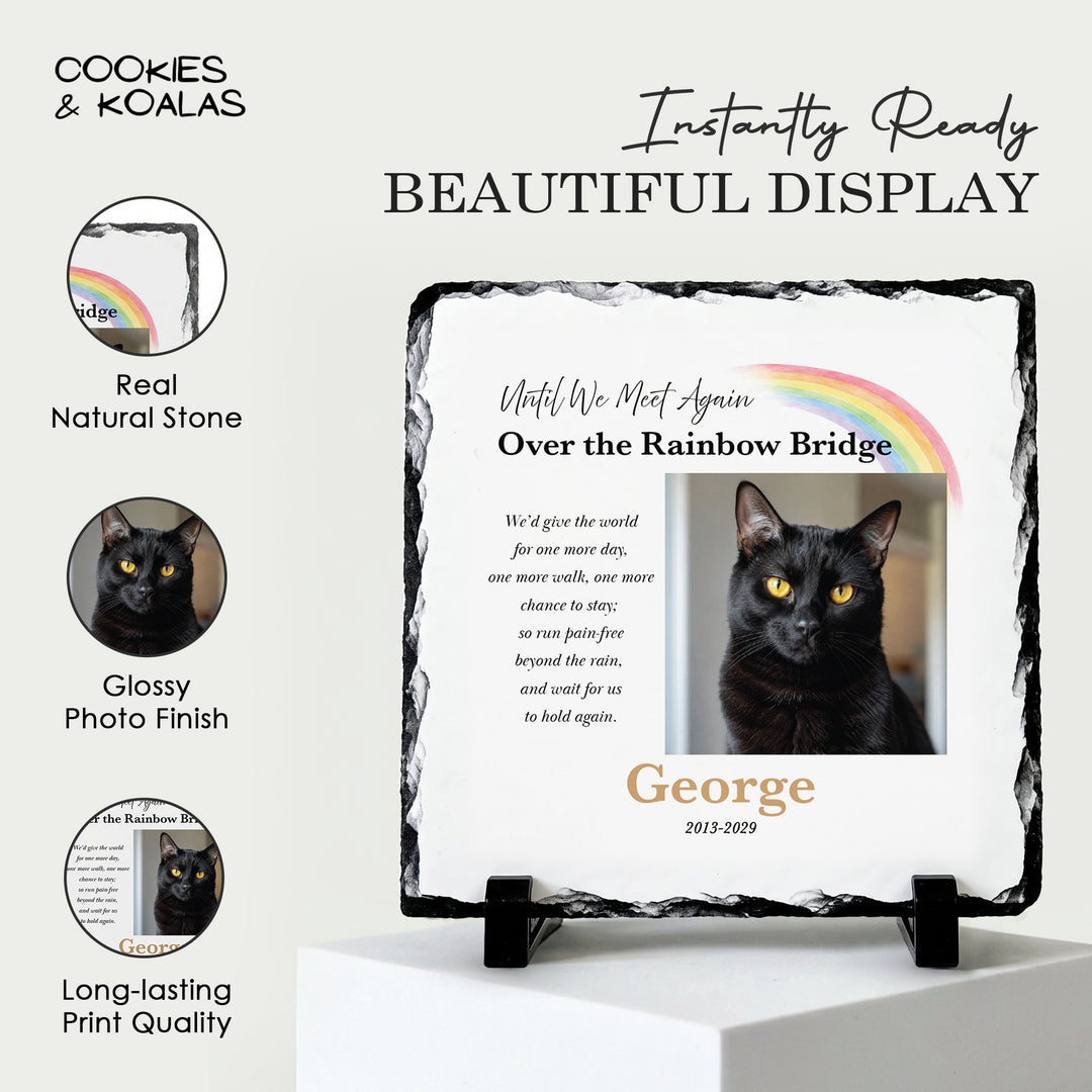 Rainbow Bridge plaque on a white stand, showing the real stone edge, glossy finish and long-lasting print