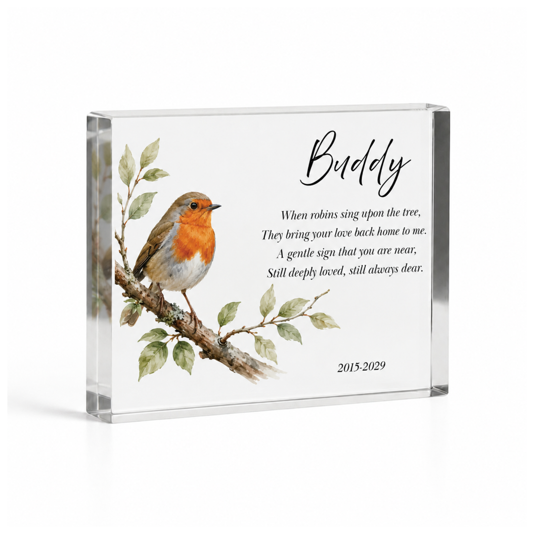 A7 robin memorial verse block with a watercolour robin, name Buddy and a four-line verse