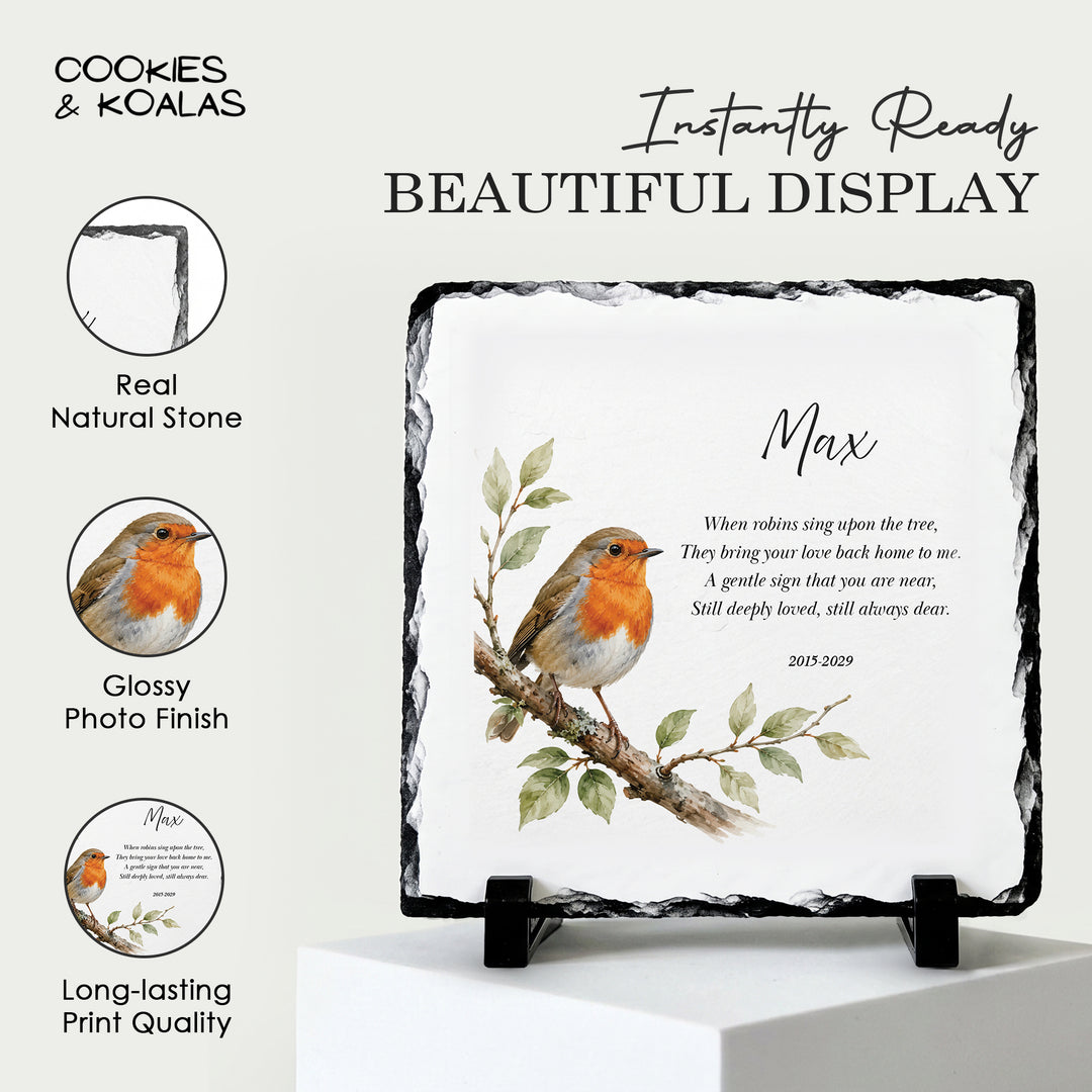 Robin memorial plaque on a white stand, showing the real stone edge, glossy finish and long-lasting print