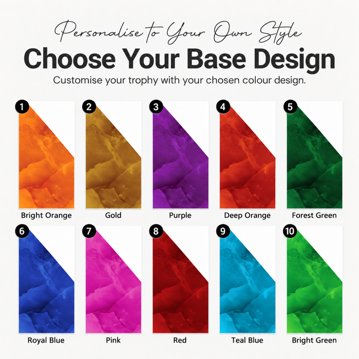 Ten Colour Block shades for a personalised staff award, from royal blue and teal to gold, red, pink and purple