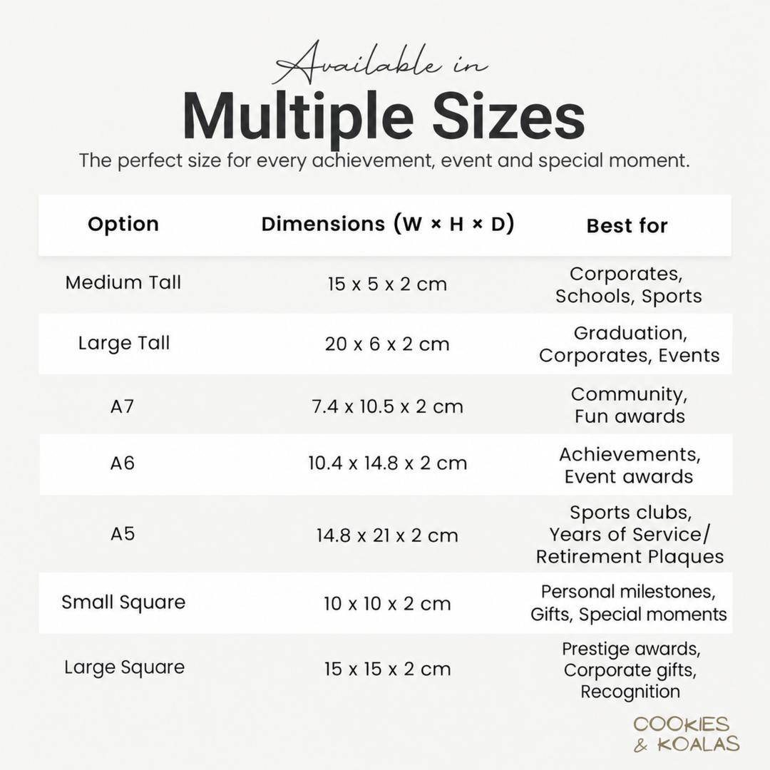 Acrylic award plaque size guide showing slim tall, A7, A6, A5 and square sizes with dimensions in cm