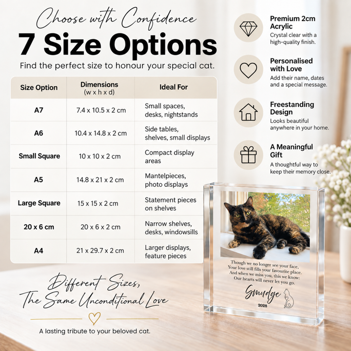 Size guide for the cat memorial photo block: A7, A6, A5, A4, 10x10cm, 15x15cm and 20x6cm