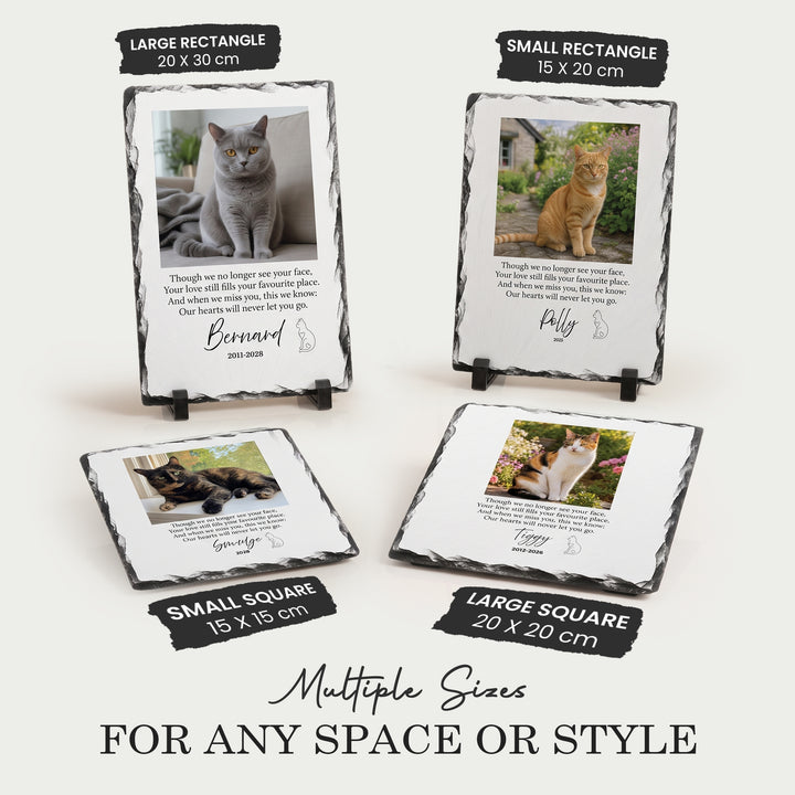 Cat memorial stone shown in all four sizes: 15x15, 20x20, 15x20 and 20x30cm