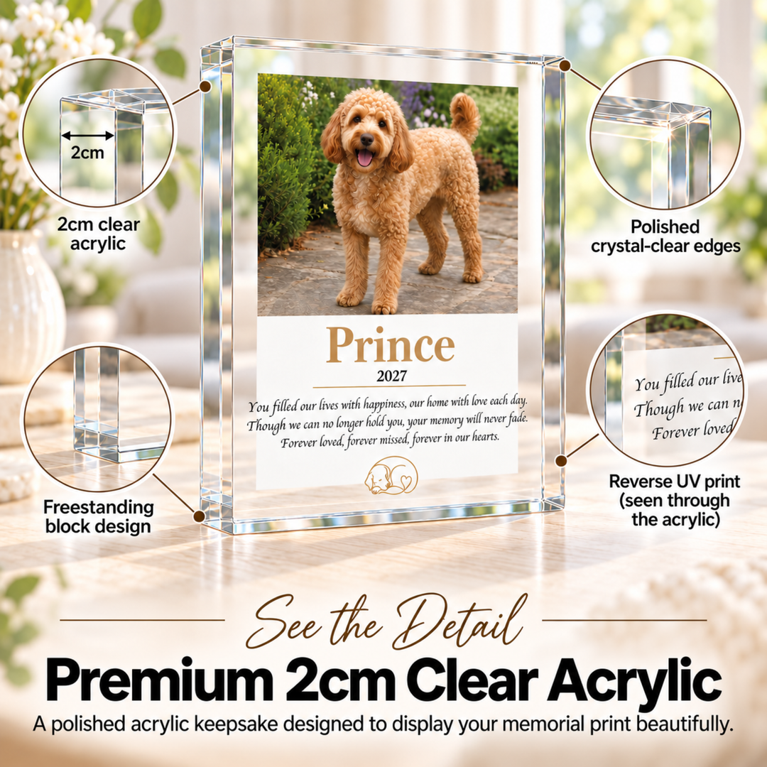 Close-up of the 2cm clear acrylic dog memorial block with polished edges and reverse print, name Prince
