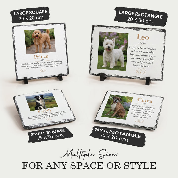 Dog memorial stone shown in all four sizes: 15x15, 20x20, 15x20 and 20x30cm