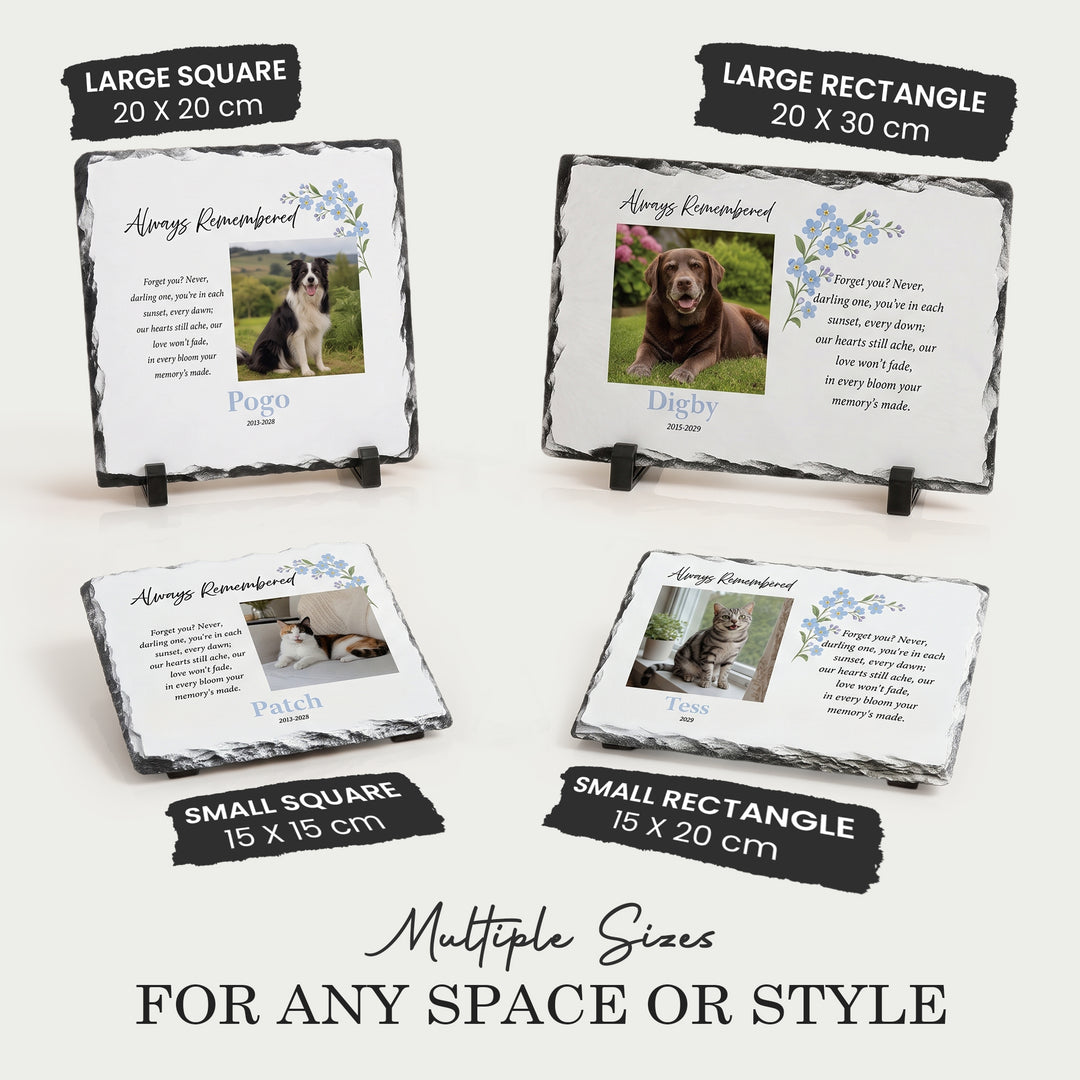 Forget me not memorial plaque shown in all four sizes: 15x15, 20x20, 15x20 and 20x30cm