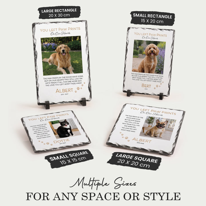 Paw print memorial stone shown in all four sizes: 15x15, 20x20, 15x20 and 20x30cm
