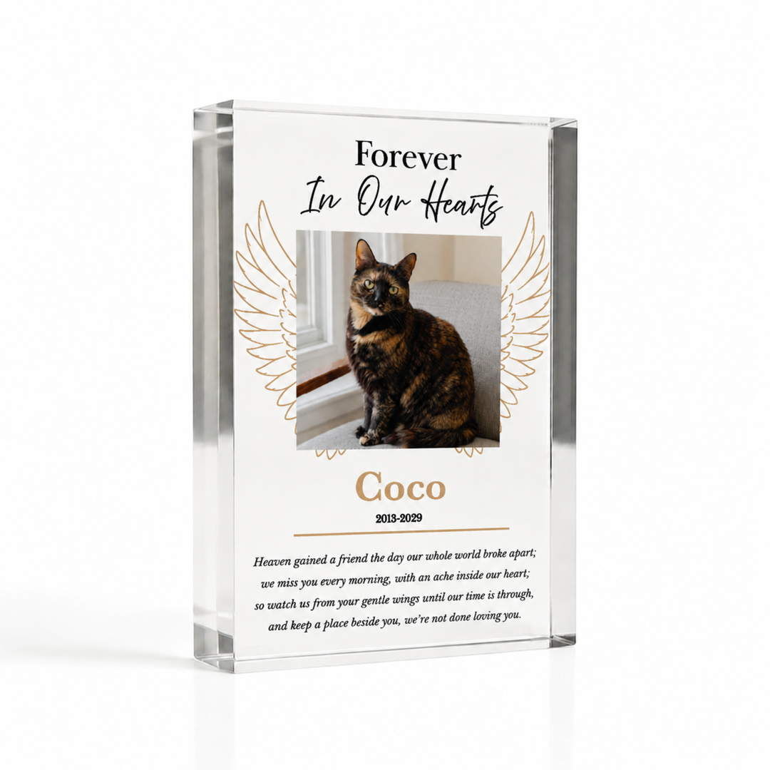 A7 angel wings pet memorial block with a tortoiseshell cat photo and name Coco