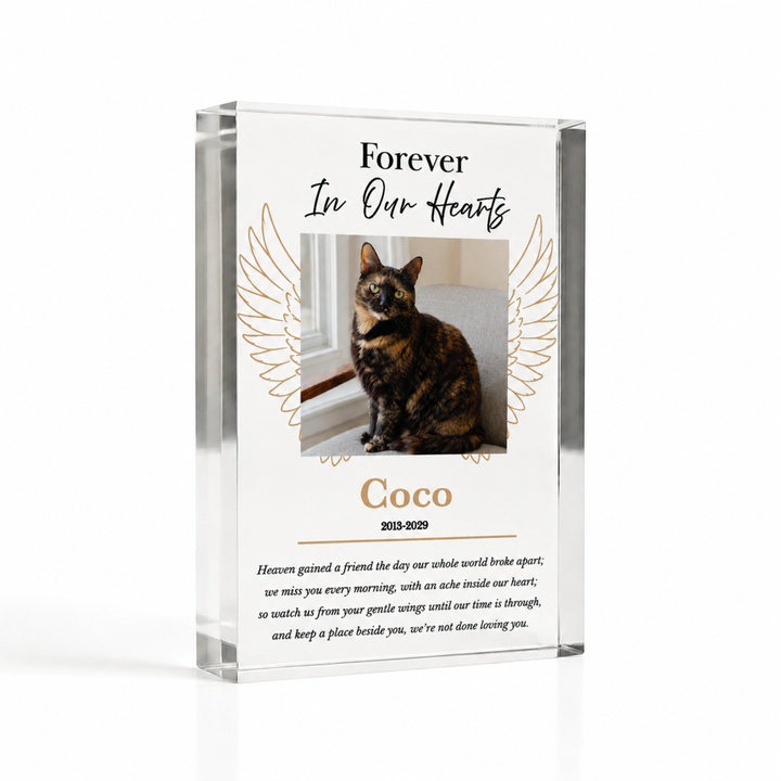 A7 angel wings pet memorial block with a tortoiseshell cat photo and name Coco
