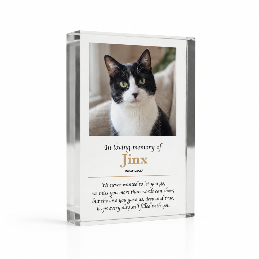 A7 in loving memory pet memorial block with a black and white cat photo, name Jinx and a verse