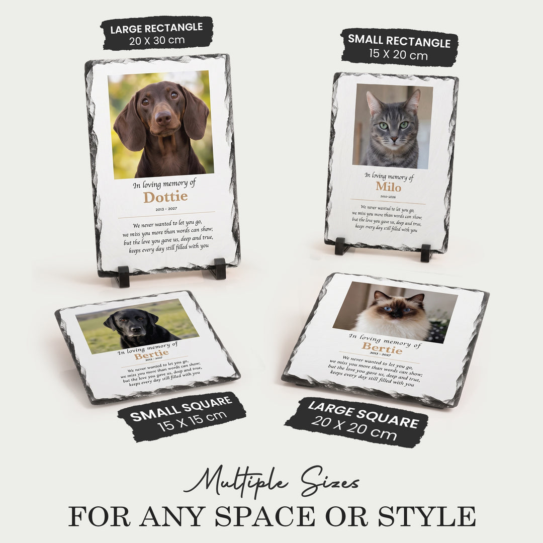 In Loving Memory pet memorial stone shown in all four sizes: 15x15, 20x20, 15x20 and 20x30cm