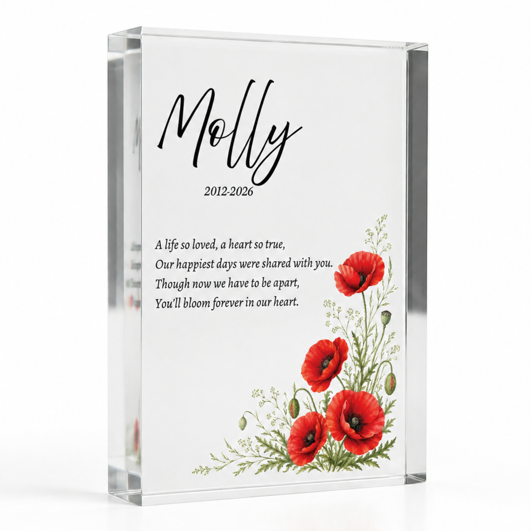 A5 poppy remembrance verse block with red poppies, name Molly and a short verse