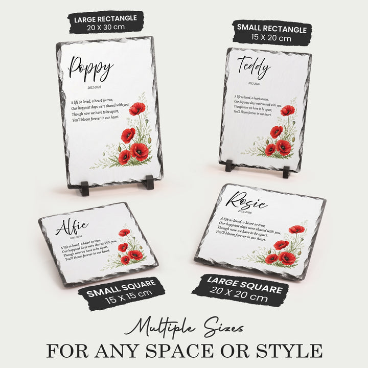 Poppy remembrance plaque shown in all four sizes: 15x15, 20x20, 15x20 and 20x30cm