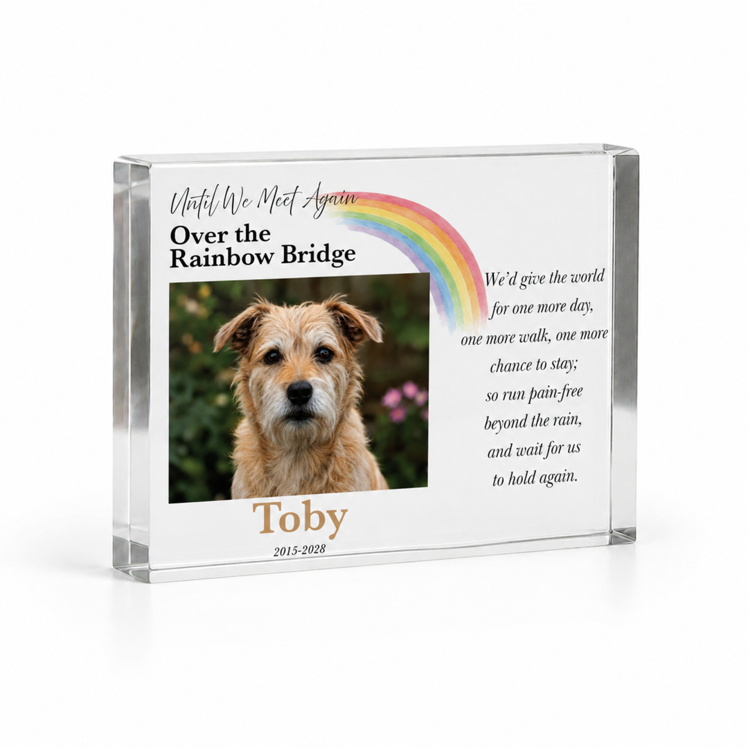 A7 Rainbow Bridge pet memorial block with a terrier photo, rainbow, verse and name Toby