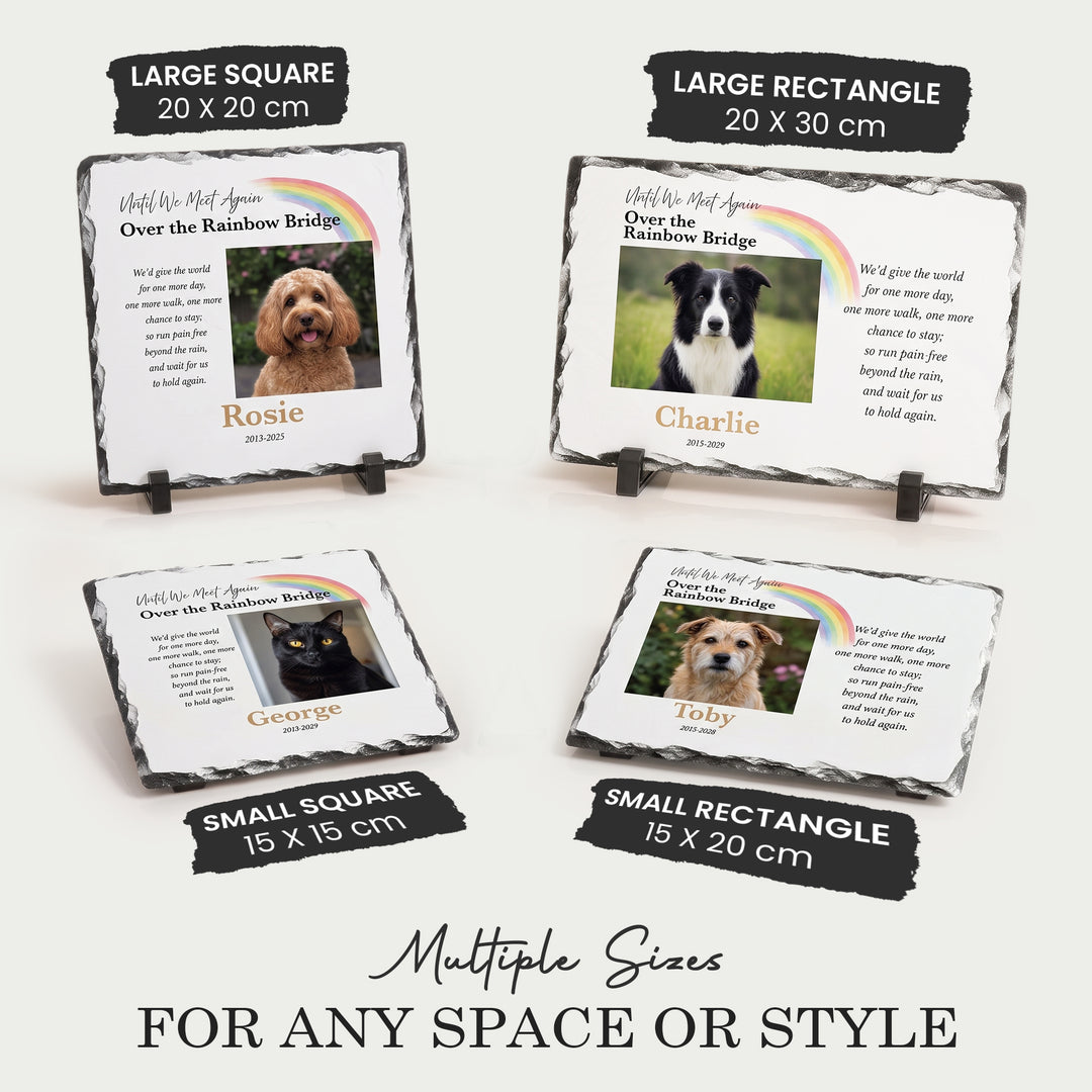 Rainbow Bridge plaque shown in all four sizes: 15x15, 20x20, 15x20 and 20x30cm