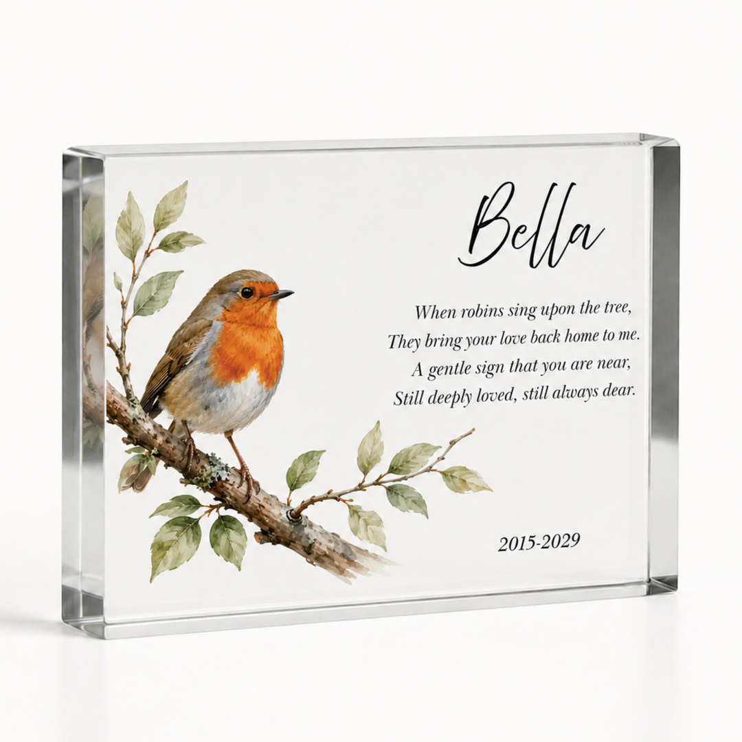 A5 robin remembrance block with a watercolour robin, name Bella, a verse and dates