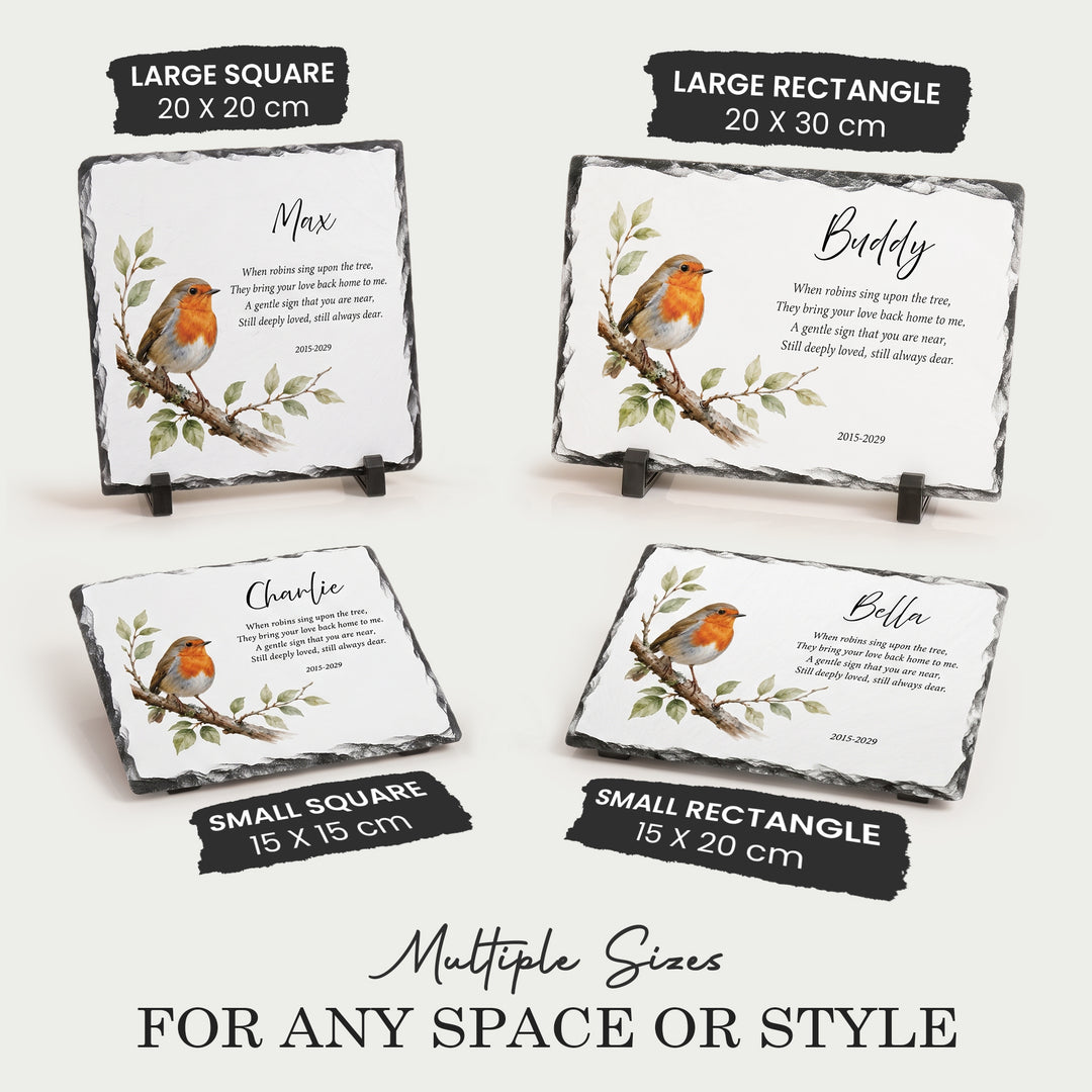 Robin memorial plaque shown in all four sizes: 15x15, 20x20, 15x20 and 20x30cm