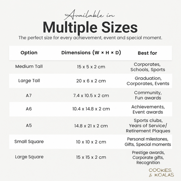 Size guide for the acrylic staff award showing slim tall, A7, A6, A5 and square sizes with dimensions in cm