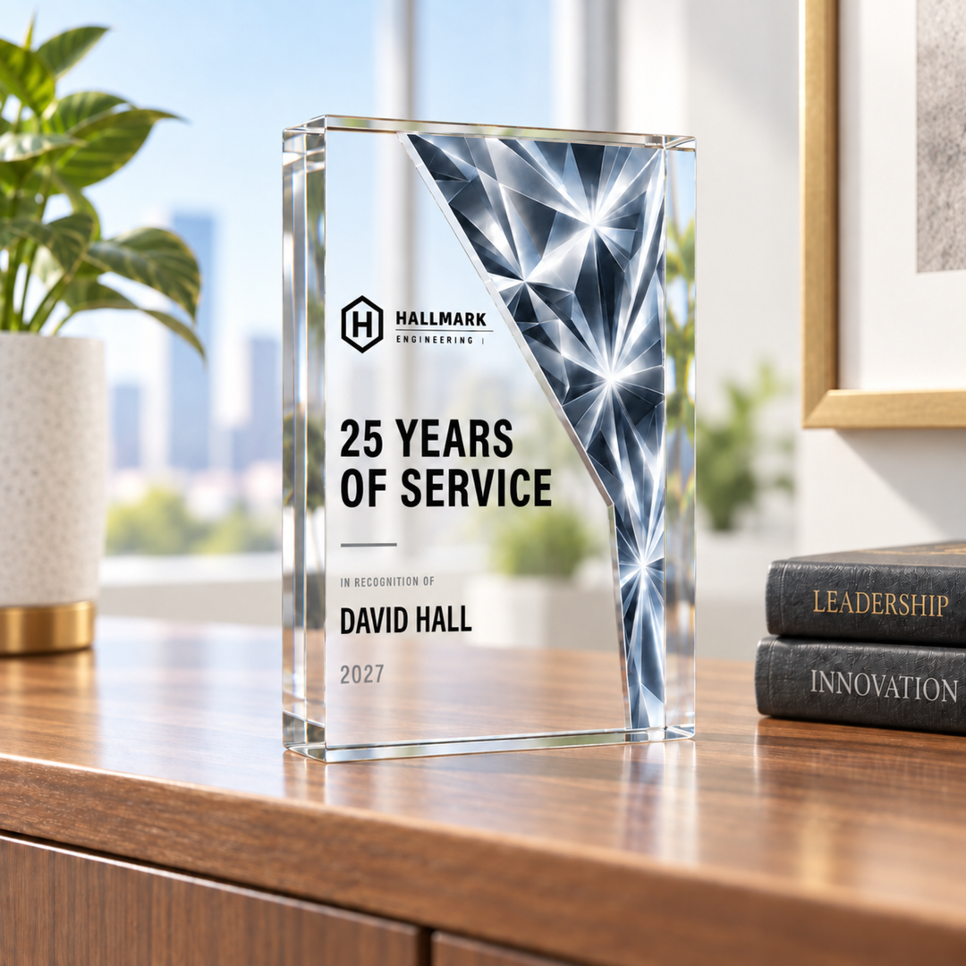 25 Years of Service award in silver glass-effect prism design with company logo, personalised acrylic trophy
