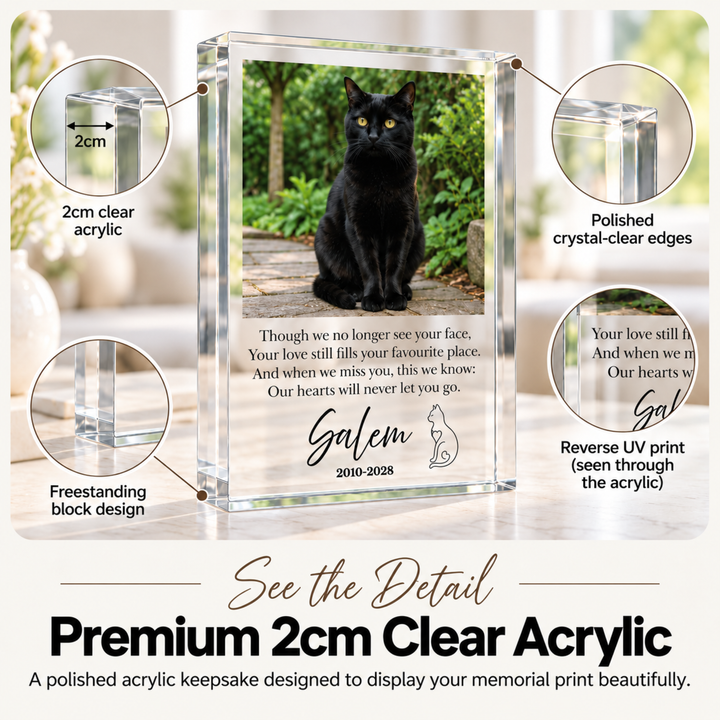 Close-up of the 2cm clear acrylic cat memorial block with a black cat named Salem and reverse print