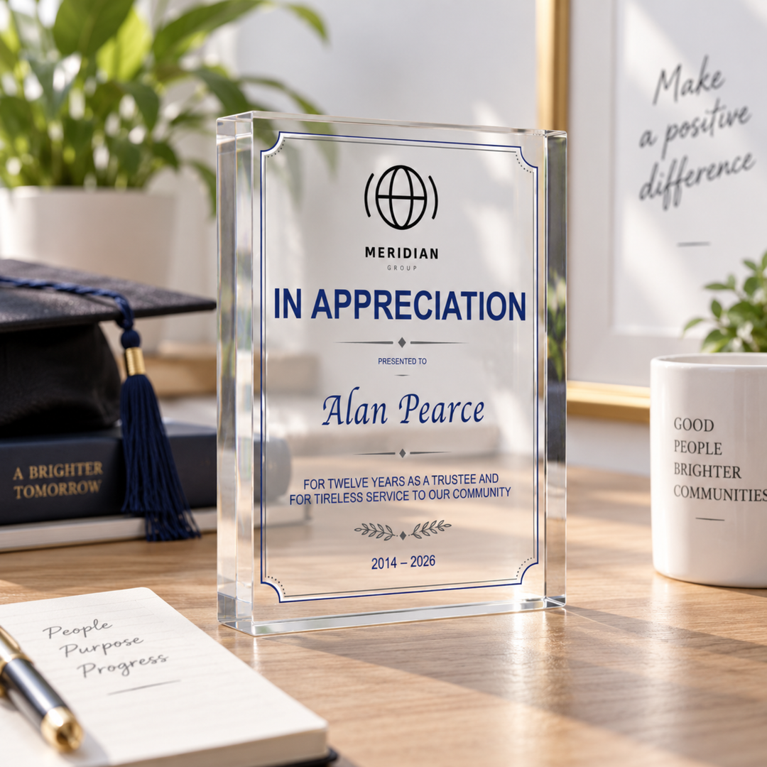 Certificate of appreciation plaque thanking a trustee for twelve years of service, personalised acrylic award