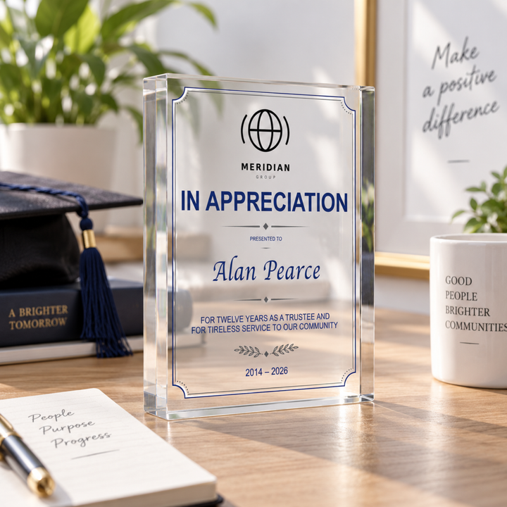Certificate of appreciation plaque thanking a trustee for twelve years of service, personalised acrylic award