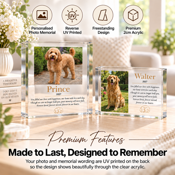 Loss of dog gift photo blocks with cockapoo Prince and golden retriever Walter, UV printed and freestanding