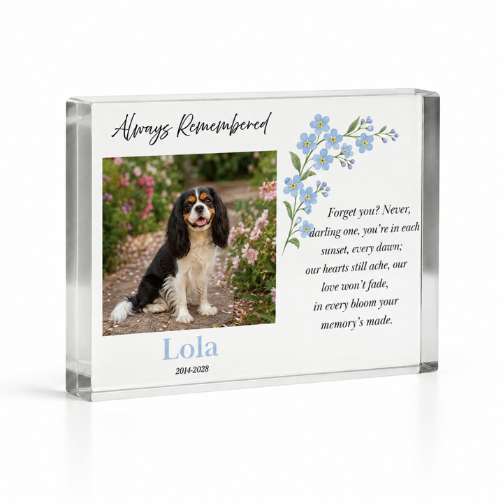 A5 forget me not pet sympathy gift with a Cavalier King Charles photo and name Lola