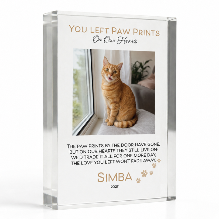 A5 You Left Paw Prints On Our Hearts block with a ginger cat photo and name Simba