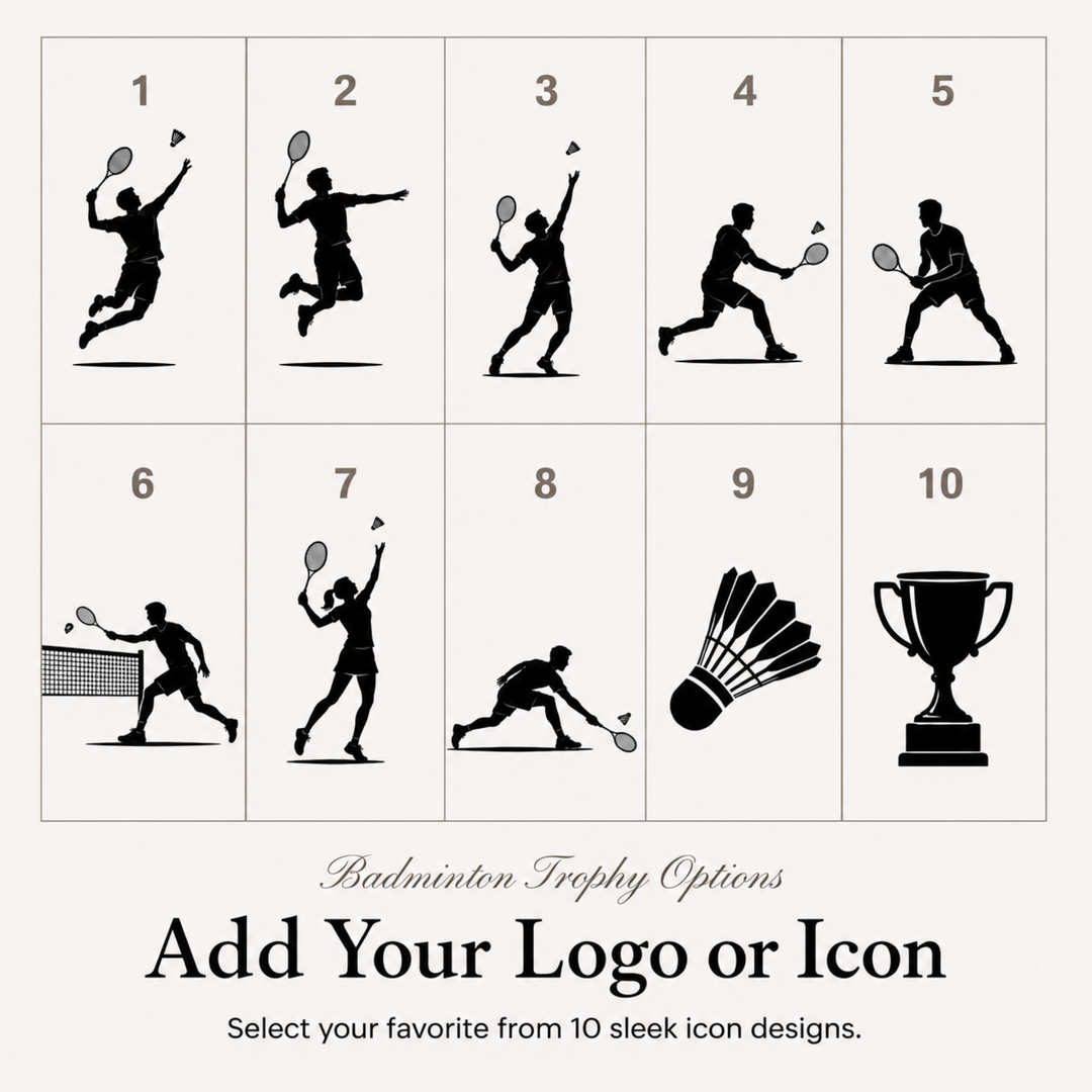 Ten badminton icon designs for a personalised badminton trophy, or upload your own club logo