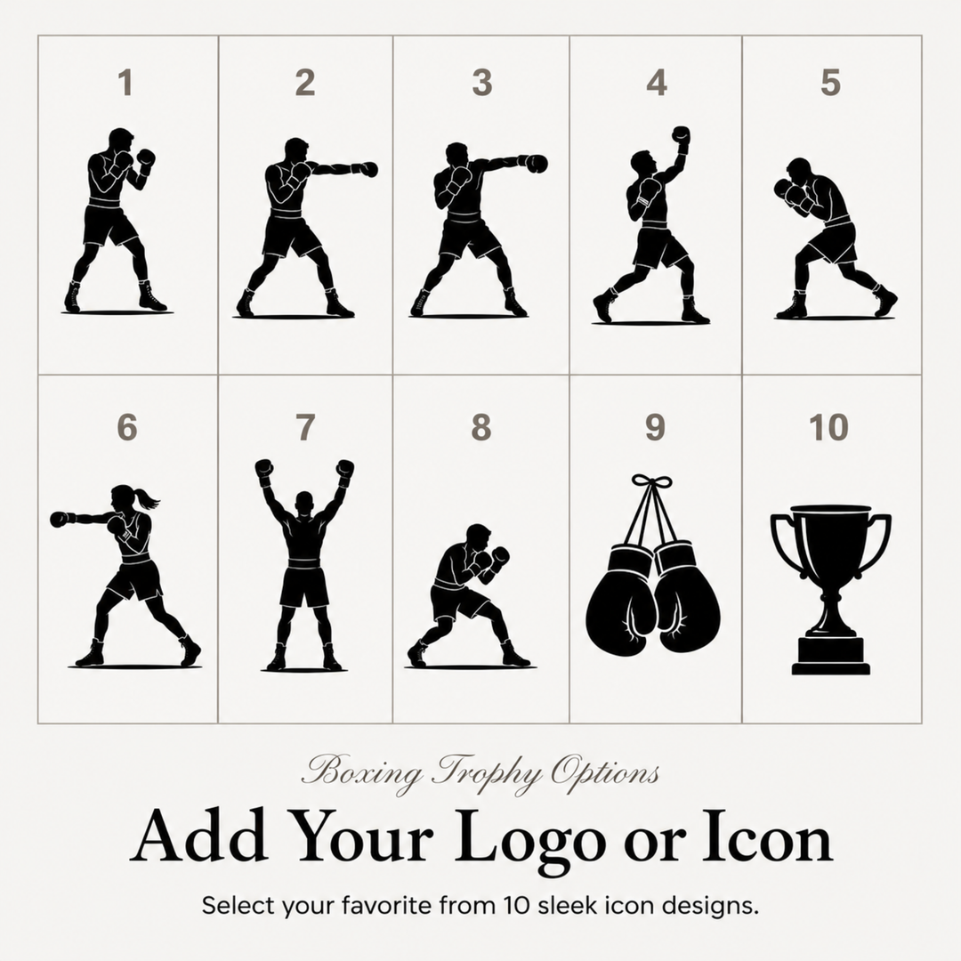 Ten boxing icon designs for a personalised boxing trophy, or upload your own club logo