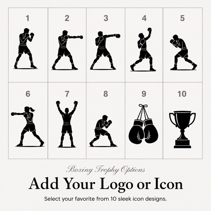 Ten boxing icon designs for a personalised boxing trophy, or upload your own club logo