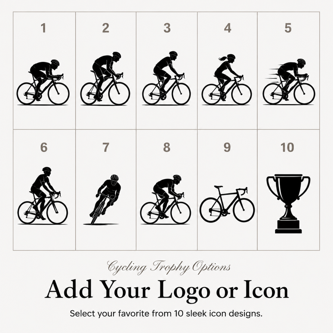 Ten cycling icon designs for a personalised cycling trophy, or upload your own club logo