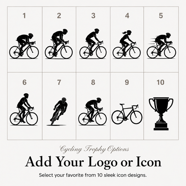 Ten cycling icon designs for a personalised cycling trophy, or upload your own club logo