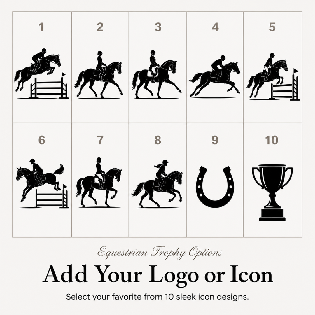 Ten equestrian icon designs for a personalised horse riding trophy, or upload your own club logo