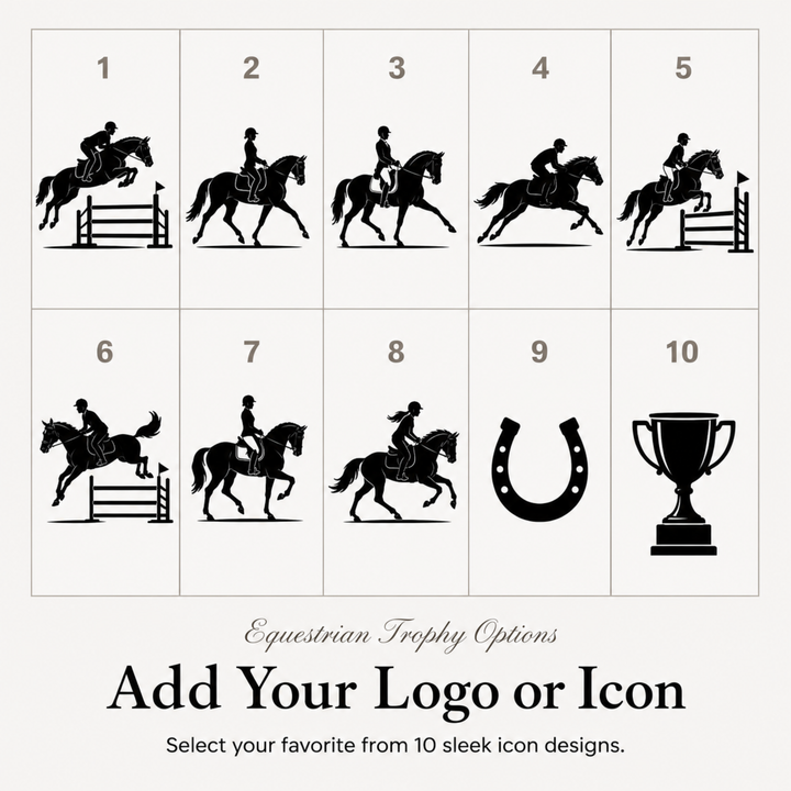 Ten equestrian icon designs for a personalised horse riding trophy, or upload your own club logo