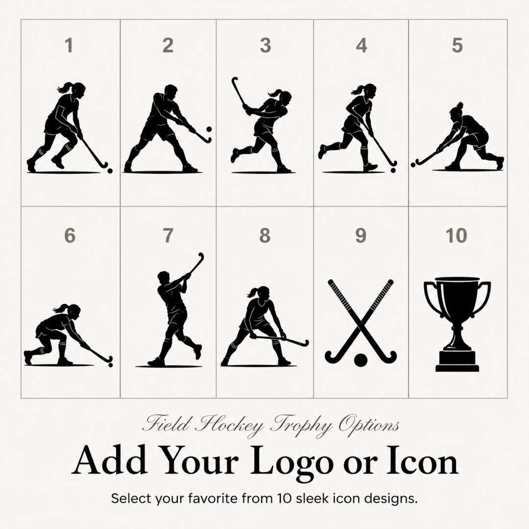 Ten field hockey icon designs for a personalised hockey trophy, or upload your own club logo