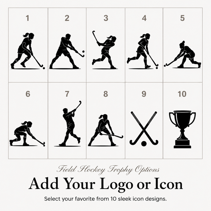 Ten field hockey icon designs for a personalised hockey trophy, or upload your own club logo