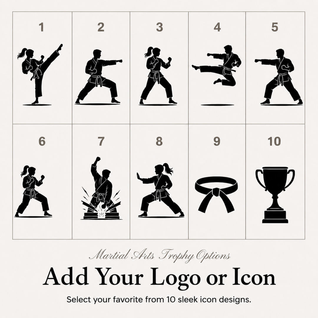 Ten martial arts icon designs for a personalised karate or taekwondo trophy, or add your own logo