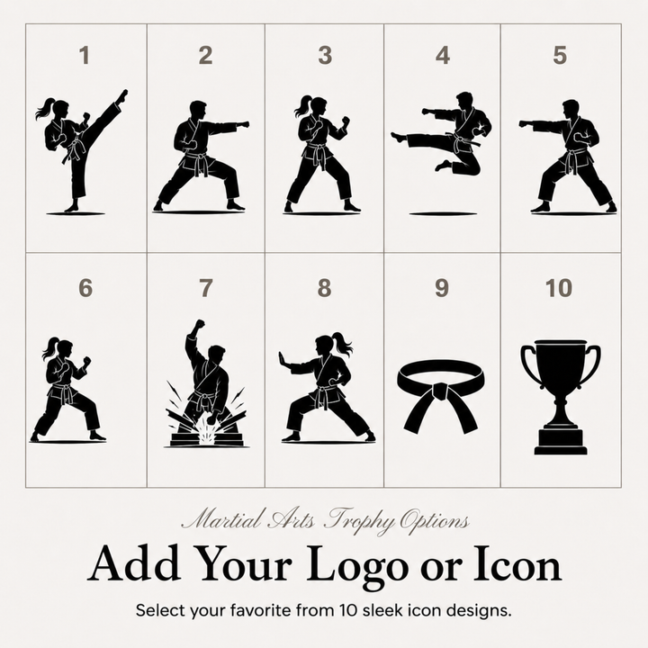 Ten martial arts icon designs for a personalised karate or taekwondo trophy, or add your own logo