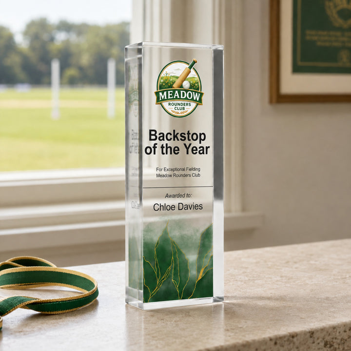 Slim upright personalised rounders trophy printed Backstop of the Year with a school crest