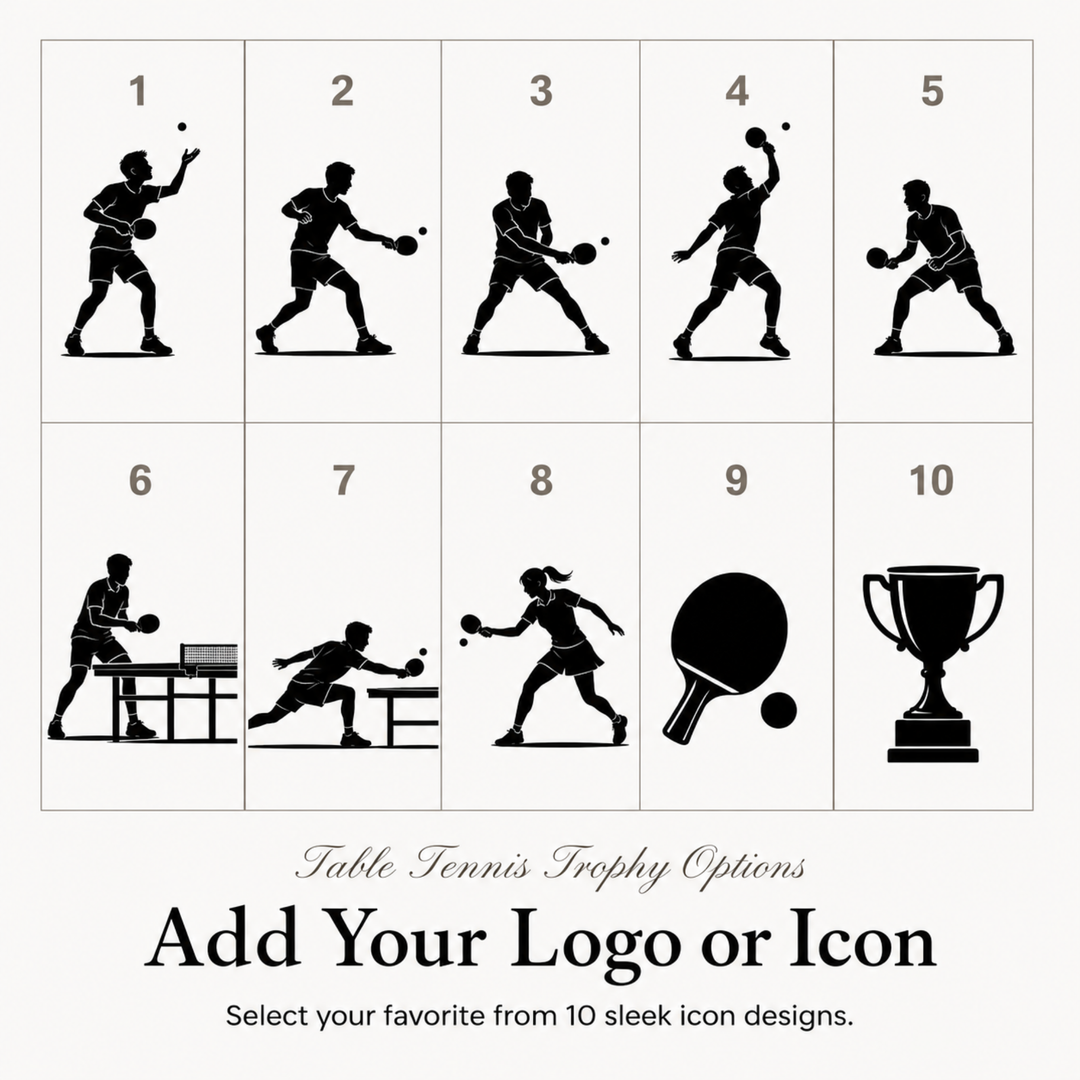 Ten table tennis icon designs for a personalised ping pong trophy, or upload your own club logo
