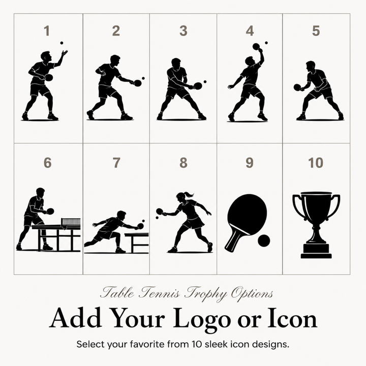 Ten table tennis icon designs for a personalised ping pong trophy, or upload your own club logo