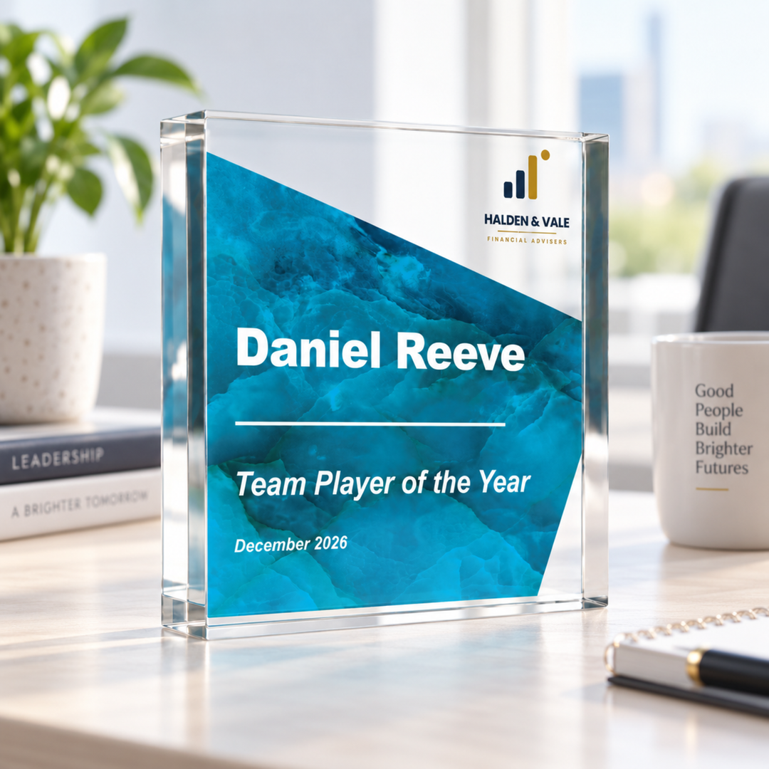 Personalised Team Player of the Year award in teal blue with a company logo, printed on a solid 2cm acrylic block