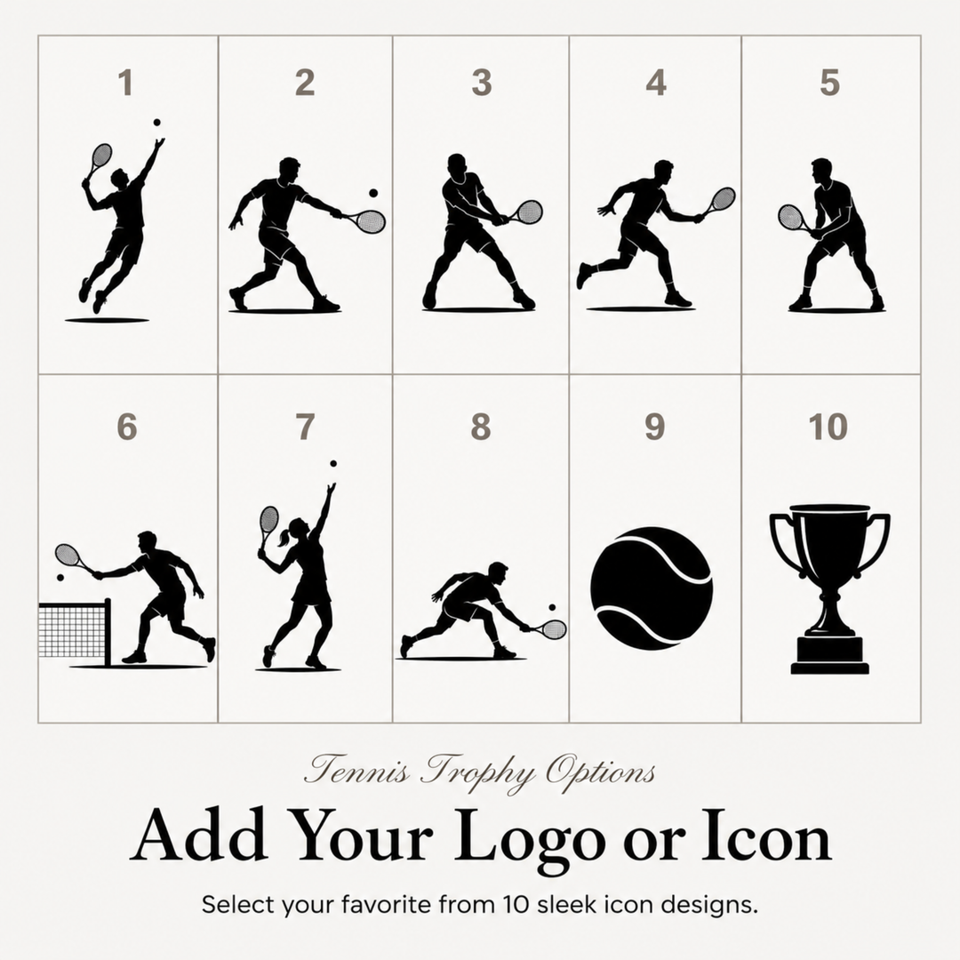 Ten tennis icon designs for a personalised tennis trophy, or upload your own club logo